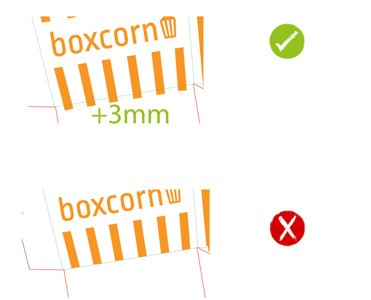 Voorbeeld van een popcornbakje-drukbestand met rondom 3 mm afloop